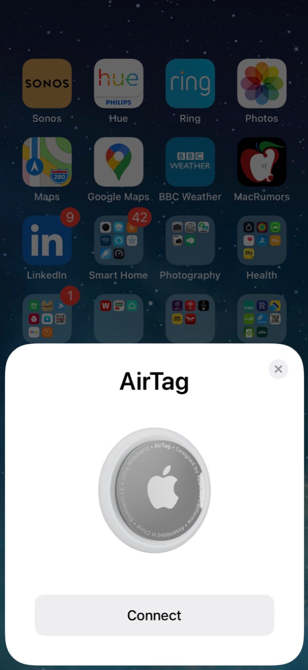 iPhone screen showing Airtag connection set up